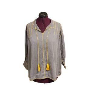 Sister Mary Women's Size L Boho Embroidered Top With Tassels Gray/Yellow
